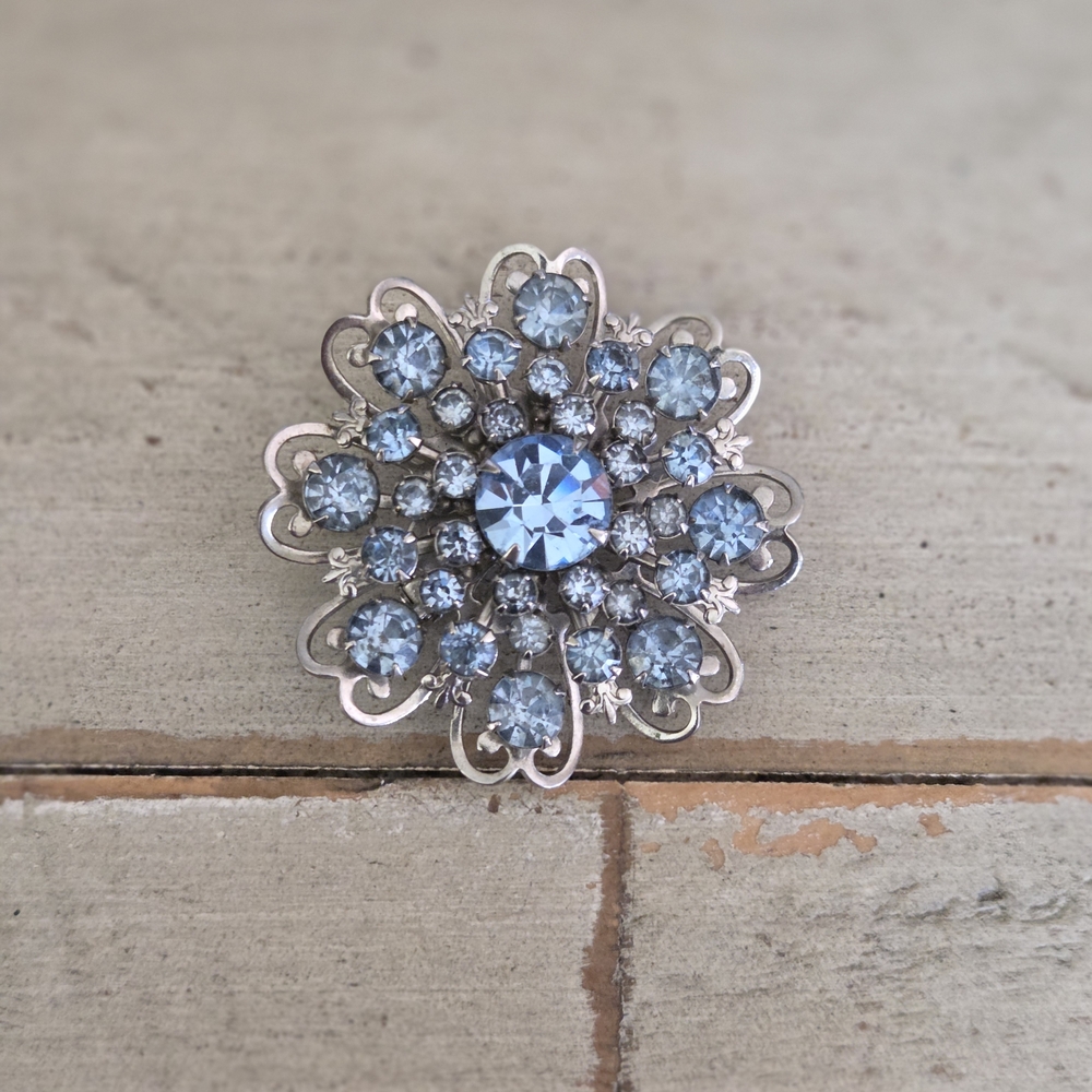 Silver and Light Blue Floral Brooch